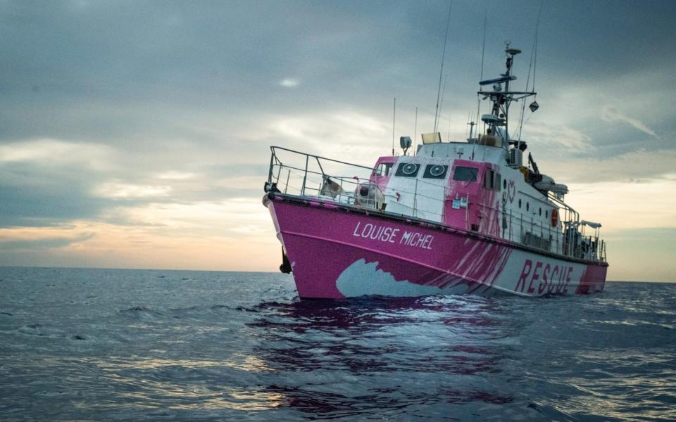 The Louise Michel, a migrants search and rescue ship operating in the Mediterranean and financed by British street artist Banksy, is seen at sea