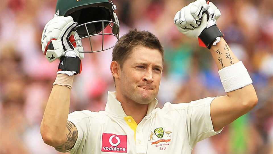 Michael Clarke fist pumps and celebrates his triple century.