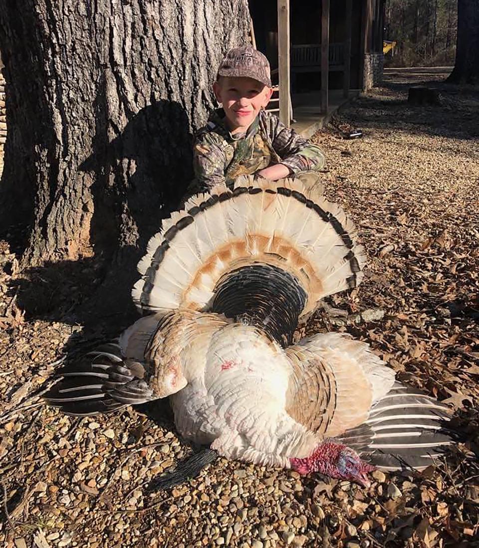 Jack Faulkner, then 10, of Amory, harvested a rare albinotic turkey on opening day of youth turkey season in Monroe County in 2020.