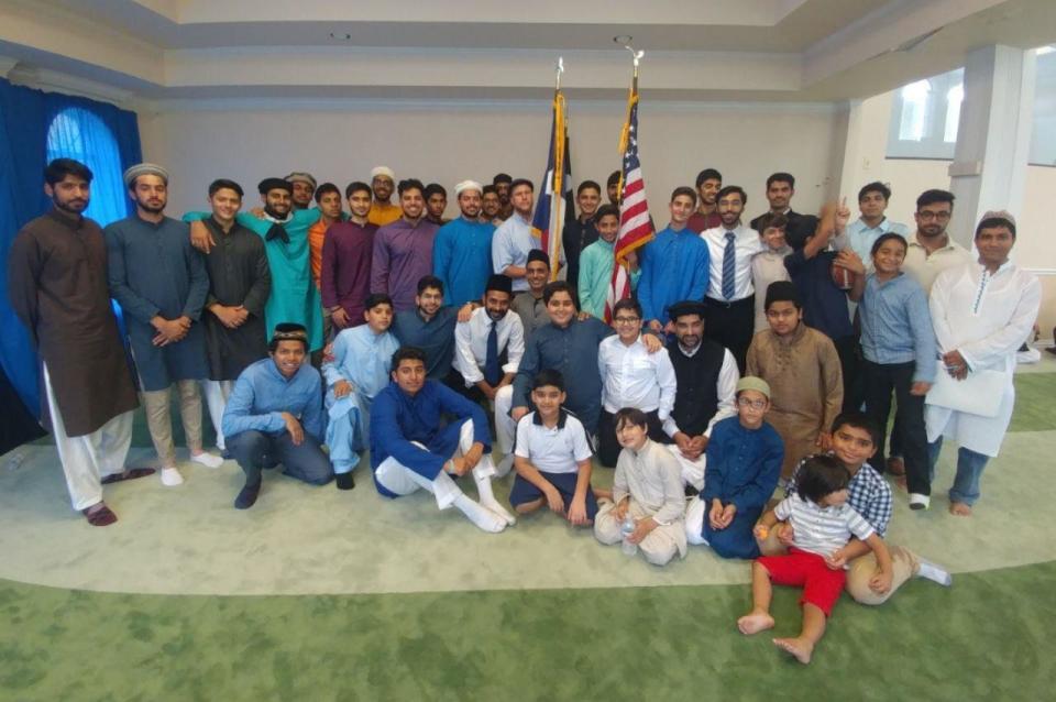 Members of the Houston Ahmadiyya Muslim&nbsp;community gathered at their local mosque for Eid al-Adha services on Friday before getting back to relief efforts. (Photo: Ahmadiyya Muslim Youth Association)