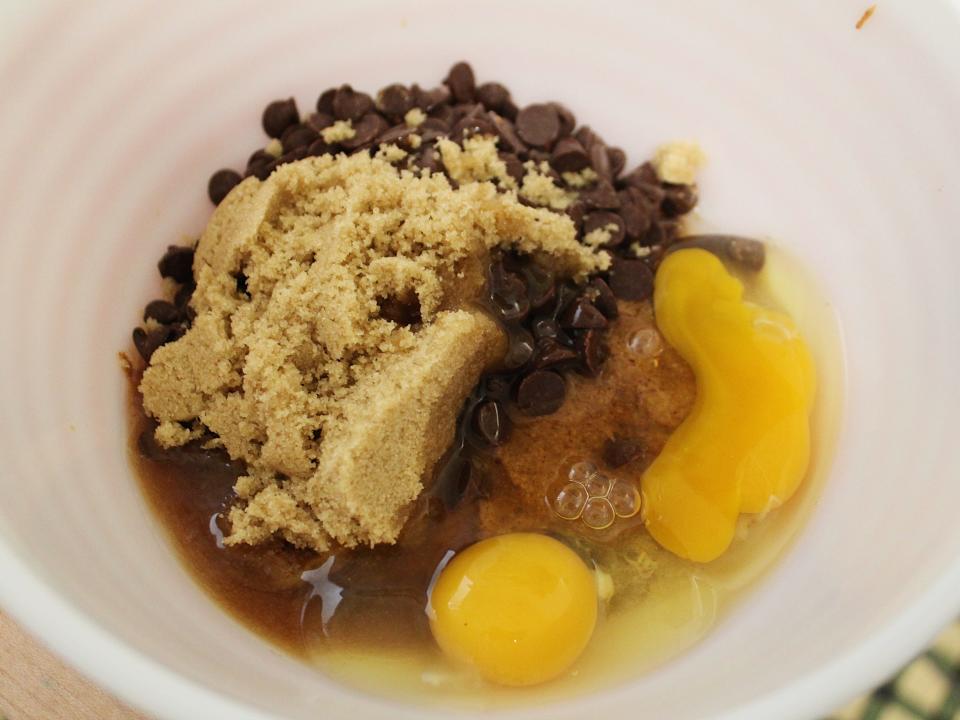 ingredients for martha stewart five ingredient chocolate chip cookies in a mixing bowl