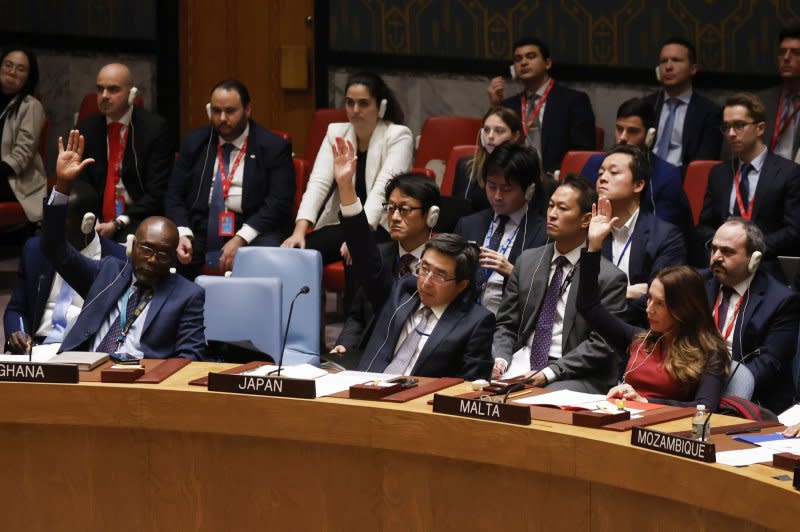 Diplomats vote on amendments and draft resolutions at a Security Council meeting on the situation in the Middle East, including the Palestinian question, in the Security Council Chamber at United Nations Headquarters on Wednesday in New York City. Photo by John Angelillo/UPI