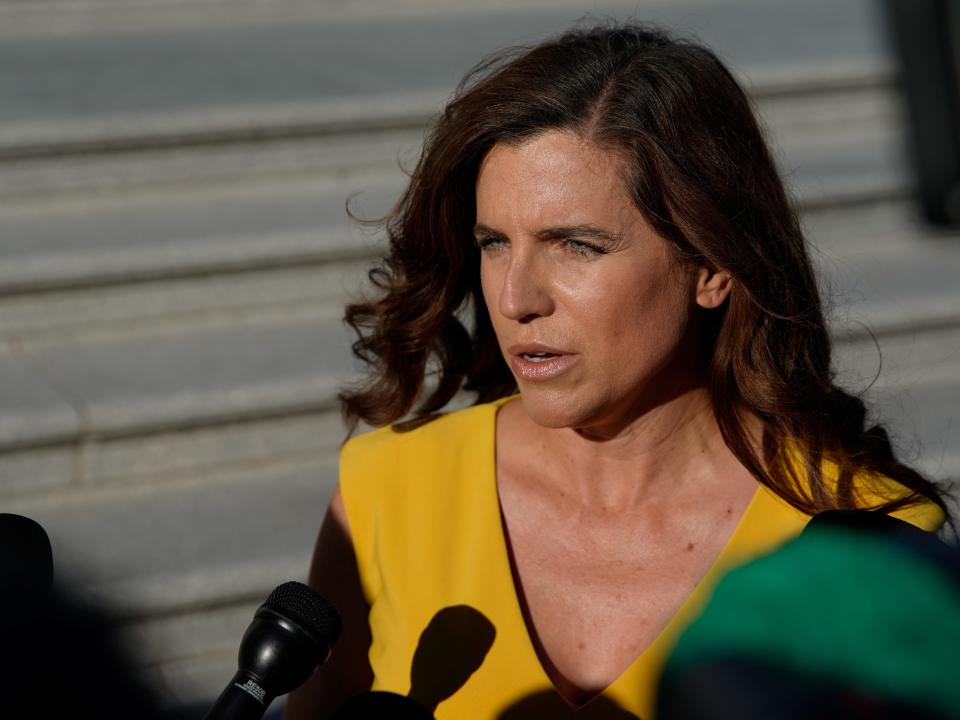 U.S. Representative Nancy Mace (R-SC) talks to reporters after a vote to hold longtime Donald Trump ally Steve Bannon in contempt of Congress at the U.S. Capitol in Washington