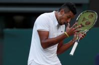 Britain Tennis - Wimbledon - All England Lawn Tennis & Croquet Club, Wimbledon, England - 2/7/16 Australia's Nick Kyrgios reacts during his match against Spain's Feliciano Lopez REUTERS/Paul Childs