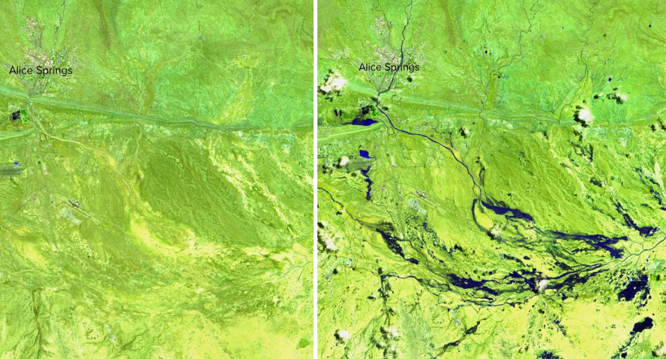 These satellite images are just one week apart, with the latter (right) showing extensive expansion of the Todd River and Roe Creek. Source: Sentinel Hub/ Ben Domensino - Twitter