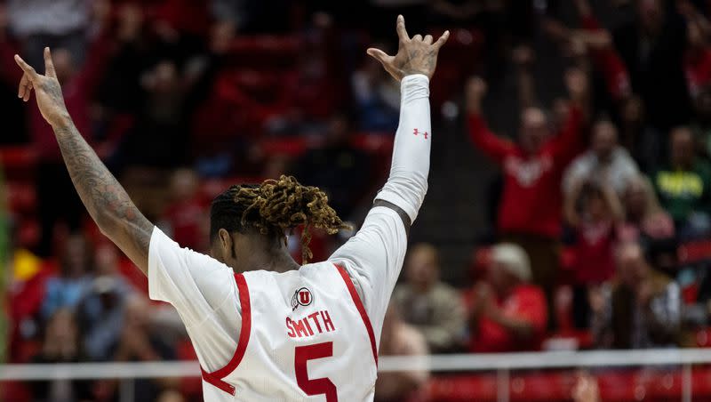 Utah Utes guard Deivon Smith (5) celebrates a buzzer beater at the end of the first half during a game against the Oregon Ducks at the Huntsman Center in Salt Lake City on Jan. 21, 2024. The Utes won 80-77.