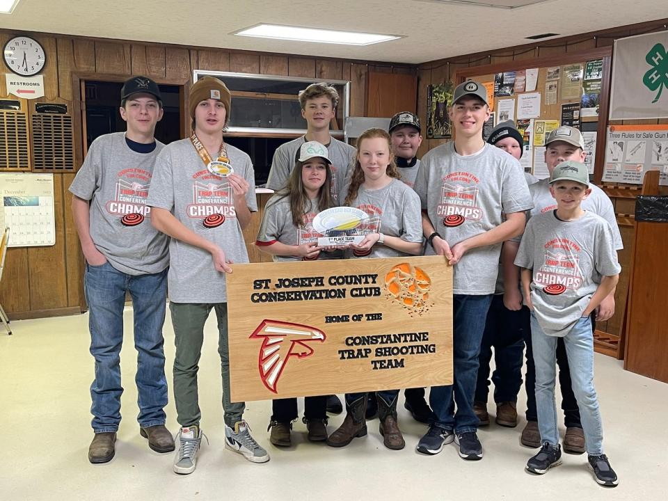 The Constantine trap shooting team of Gavin Hartman, Hunter Ambrosen, Aleia Peterson, Brett Niblock, Alyssa Young, Nathan Rice, Dylan Lock, Owen Ransbottom, Wyatt King and Pierce Gardner won a conference championship this year.