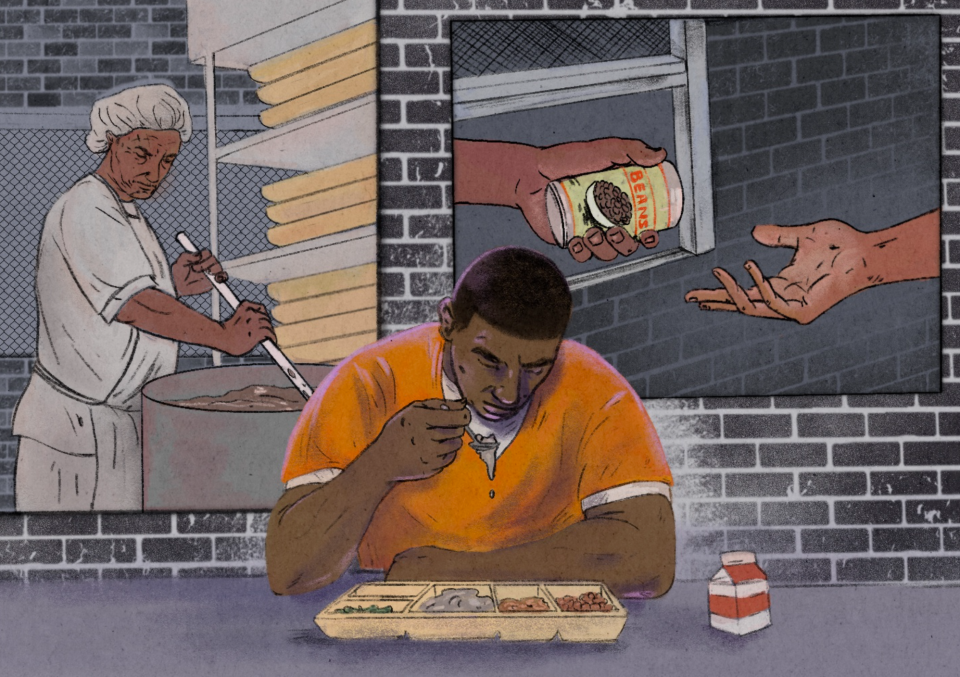 Art by Tevy Khou for Capital and Main, which reported that numerous inmates say they can't afford commissary items anymore.