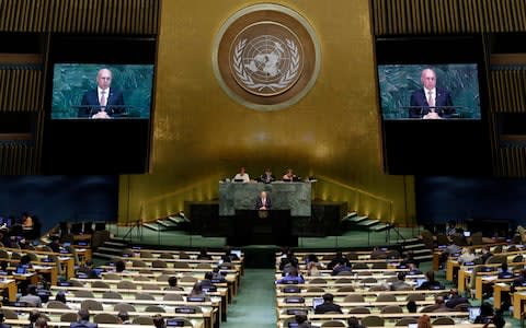 Prime Minister Pavel Filip of Moldova addresses the United Nations General Assembly on September 22 - Credit: AP Photo/Richard Drew