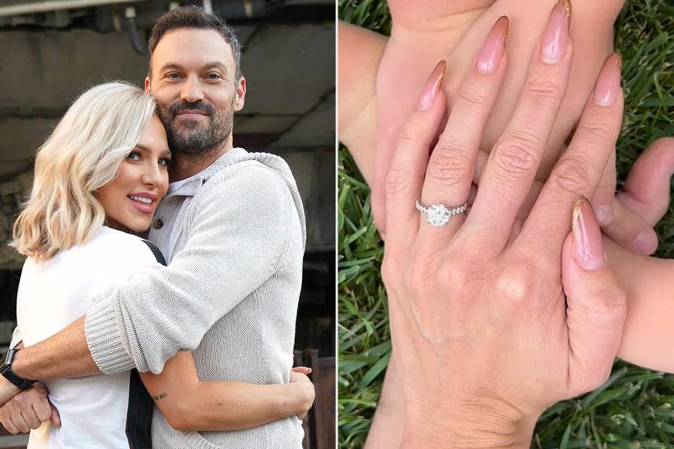 <p>Christopher Willard/ABC via Getty; Sharna Burgess/Instagram</p> Brian Austin Green and Sharna Burgess shared a video of her new engagement ring