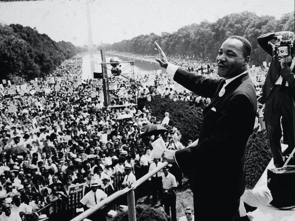 <span class="caption">Martin Luther King Jr. addresses a crowd during the March on Washington on Aug. 28, 1963.</span> <span class="attribution"><a class="link " href="https://www.gettyimages.com/detail/news-photo/american-civil-rights-leader-dr-martin-luther-king-jr-news-photo/2836076?adppopup=true" rel="nofollow noopener" target="_blank" data-ylk="slk:CNP/Getty Images;elm:context_link;itc:0;sec:content-canvas">CNP/Getty Images</a></span>