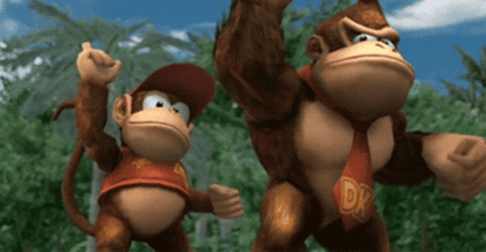 Diddy Kong and Donkey Kong pointing to the camera simultaneously