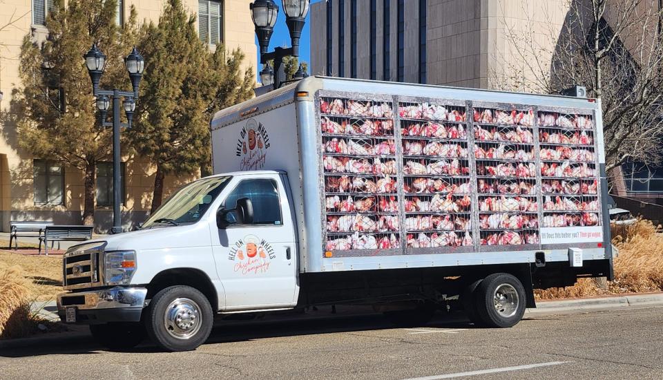 PETA's ‘Hell on Wheels’ traveled through Amarillo protesting chicken consumption Friday and Saturday as a part of its nationwide campaign urging people to go vegan.