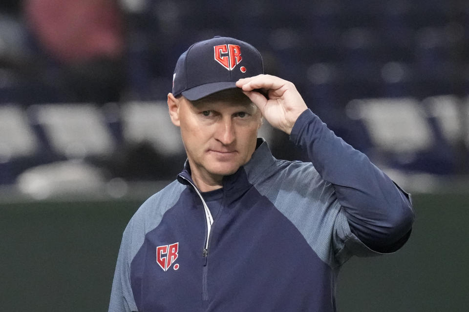 Czech Republic manager Pavel Chadim adjusts his cap ahead the first round Pool B game between the Czech Republic and China at the World Baseball Classic (WBC) at Tokyo Dome in Tokyo, Japan, Friday, March 10, 2023. (AP Photo/Eugene Hoshiko)