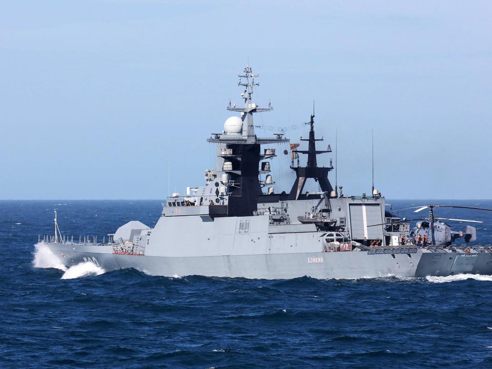 Russian frigate Boikiy being escorted off the British coast byHMS Sutherland: Guy Pool/BRITISH MINISTRY OF DEFENCE/HANDOUT