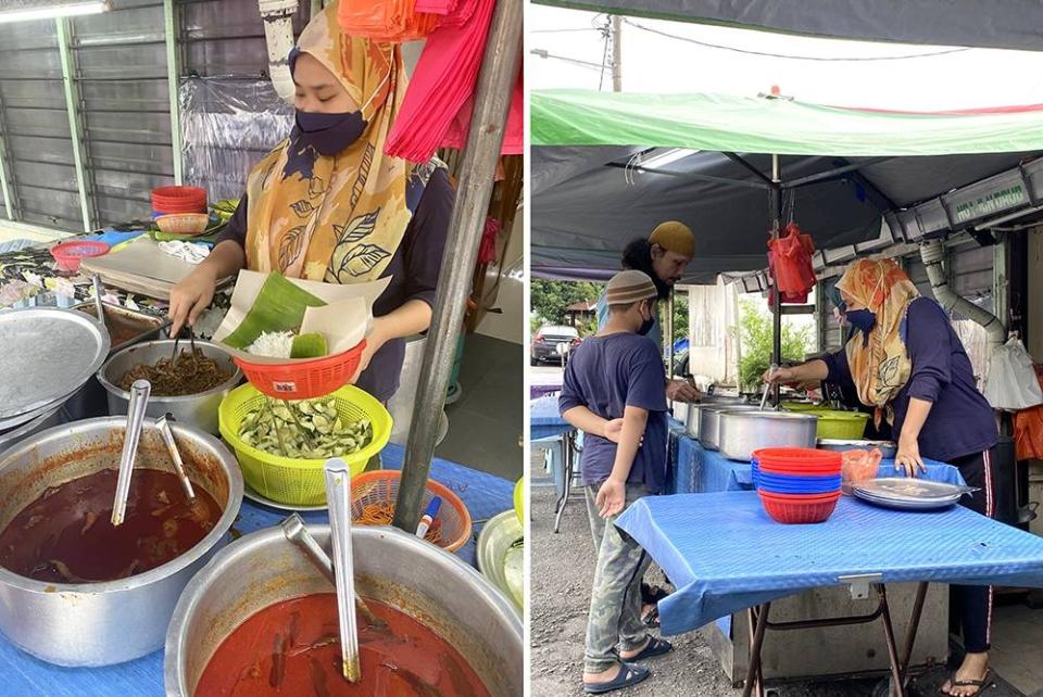 Your order is placed on brown paper and banana leaf which is propped steady with a basket (left). The neighbourhood folks will saunter over to the stall to select which dishes they want with their 'nasi lemak' (right).
