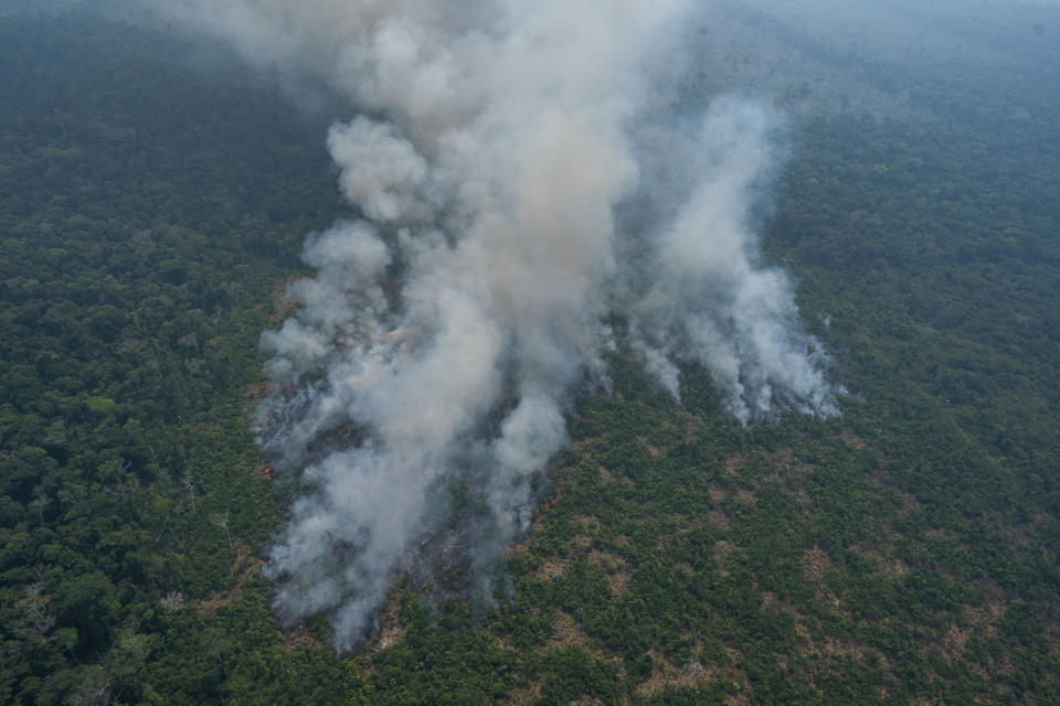 Fire consumes an area near Porto Velho, Brazil, Friday, Aug. 23, 2019. Brazilian state experts have reported a record of nearly 77,000 wildfires across the country so far this year, up 85% over the same period in 2018. Brazil contains about 60% of the Amazon rainforest, whose degradation could have severe consequences for global climate and rainfall. (AP Photo/Victor R. Caivano)