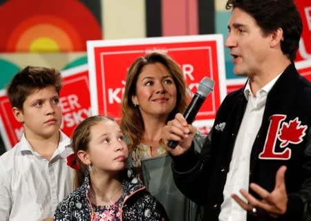 Liberal leader and Canadian Prime Minister Justin Trudeau, his wife Sophie Gregoire Trudeau, their son Xavier and their daughter Ella-Grace attend an election campaign visit to Hamilton