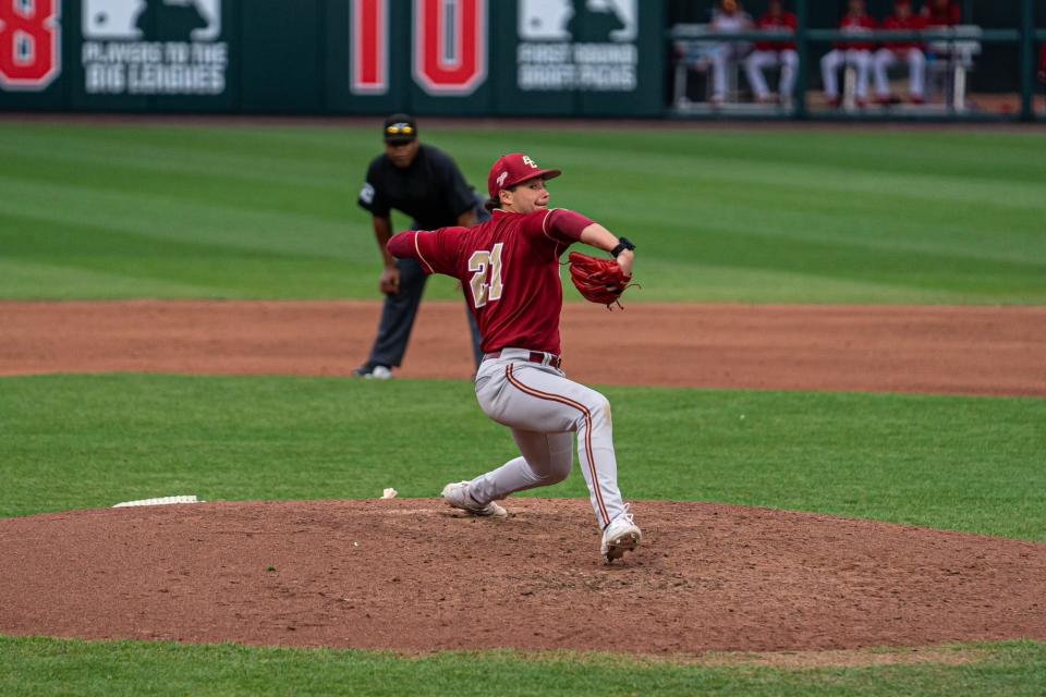 Former St. John's and Holy Cross star Tyler Mudd throws a pitch during a game for Boston College.