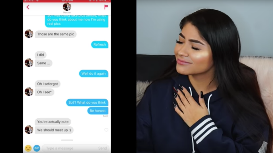 The vlogger got visibly emotional when some men revealed they change of pics didn't faze them at all. Photo: Youtube/Crystal Breeze