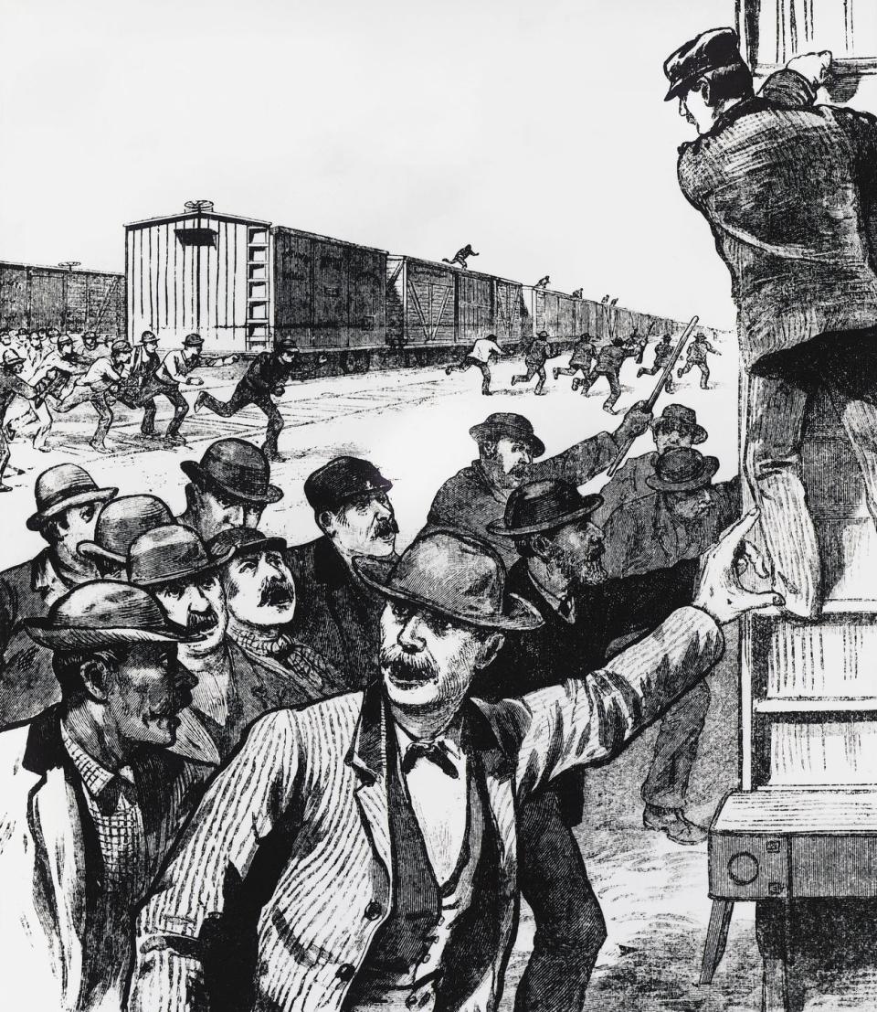 rail strike and arrest of the strikers, 1886, engraving, united states of america, 19th century