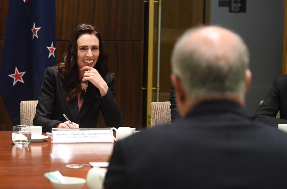 Prime Minister of New Zealand Jacinda Ardern and Prime Minister of Australia Scott Morrison during a July meeting. Source: AAP/Julian Smith