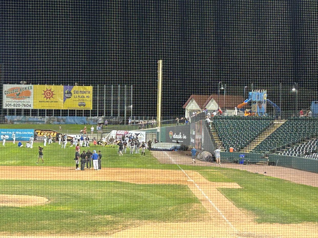 A bounce house landed on a playing field during a Southern Maryland Blue Crabs game in Waldorf, Maryland, on Aug. 2, 2024. One child died in the accident.  / Credit: Marie Ragano