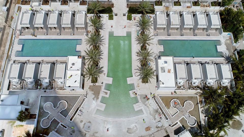 An aerial view of some of the building's pools.