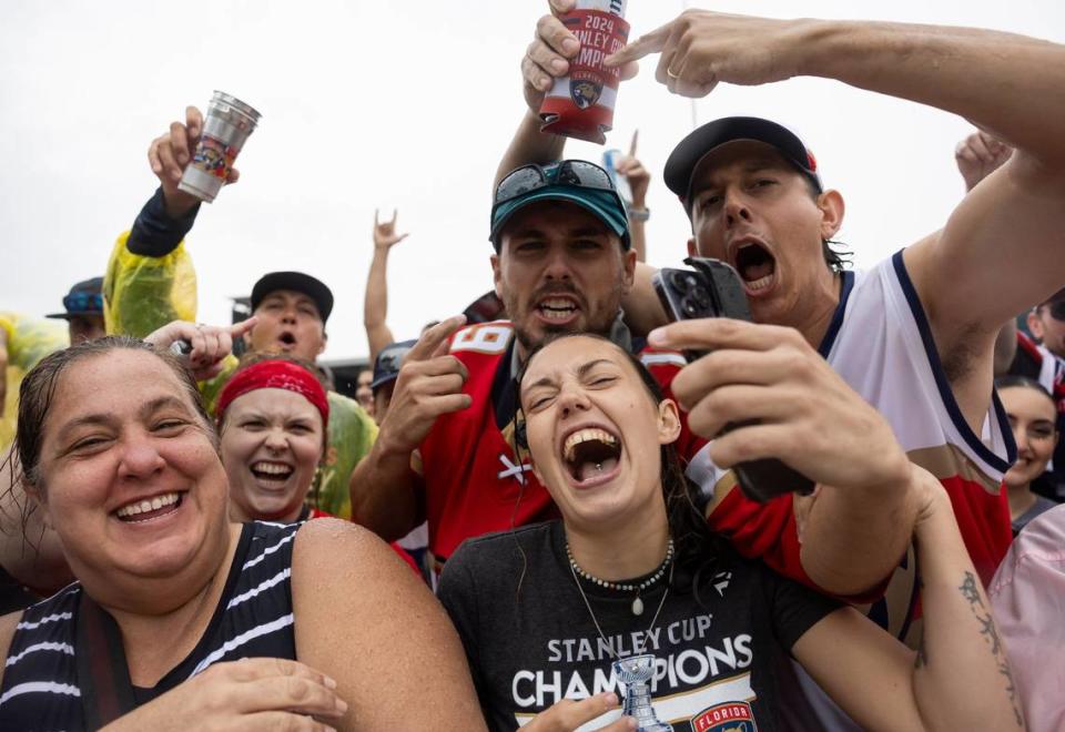 Florida Panthers fans cheer during a Stanley Cup victory parade at the Fort Lauderdale Beach Park off A1A on Sunday, June 30, 2024, in Fort Lauderdale, Fla. The parade was held to celebrate the Florida Panthers after they defeated the Edmonton Oilers in Game 7 of the Stanley Cup Final.