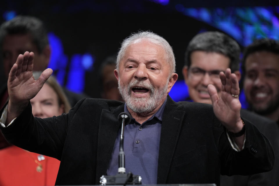 Former Brazilian President Luiz Inacio Lula da Silva, who is running for president again, speaks to supporters after general election polls closed in in Sao Paulo, Brazil, Sunday, Oct. 2, 2022. (AP Photo/Andre Penner)