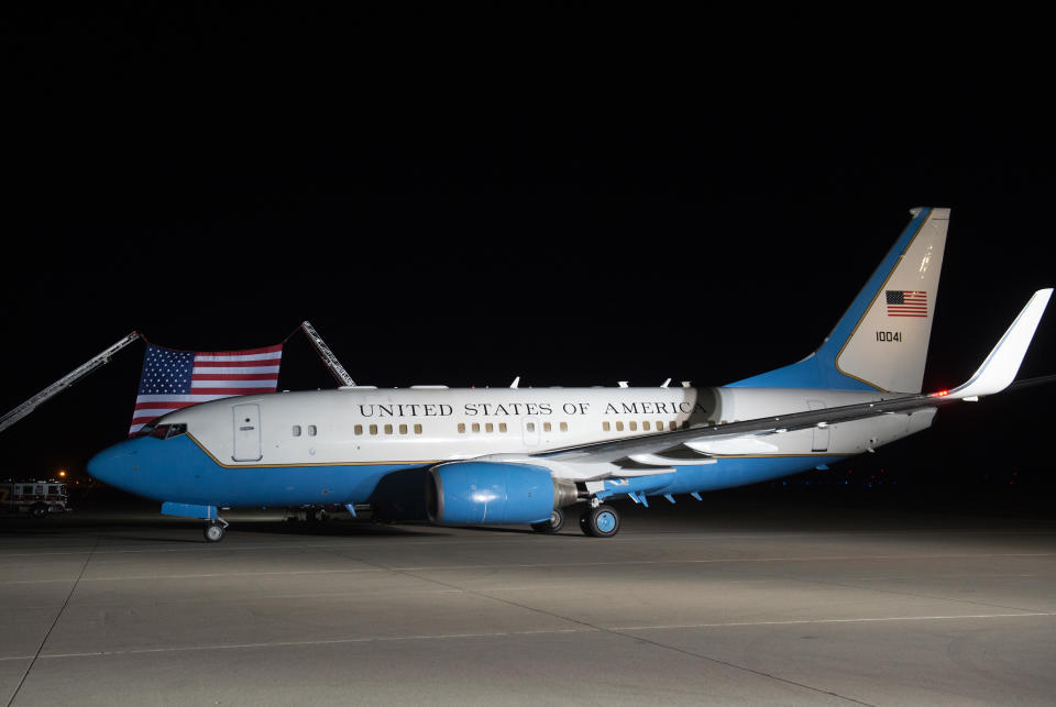 <p>The U.S. Air Force plane carrying US detainees Kim Dong-chul, Kim Hak-song and Tony Kim arrives after the three men were released by North Korea, at Joint Base Andrews in Maryland on May 10, 2018. (Photo by Saul Loeb/AFP/Getty Images) </p>