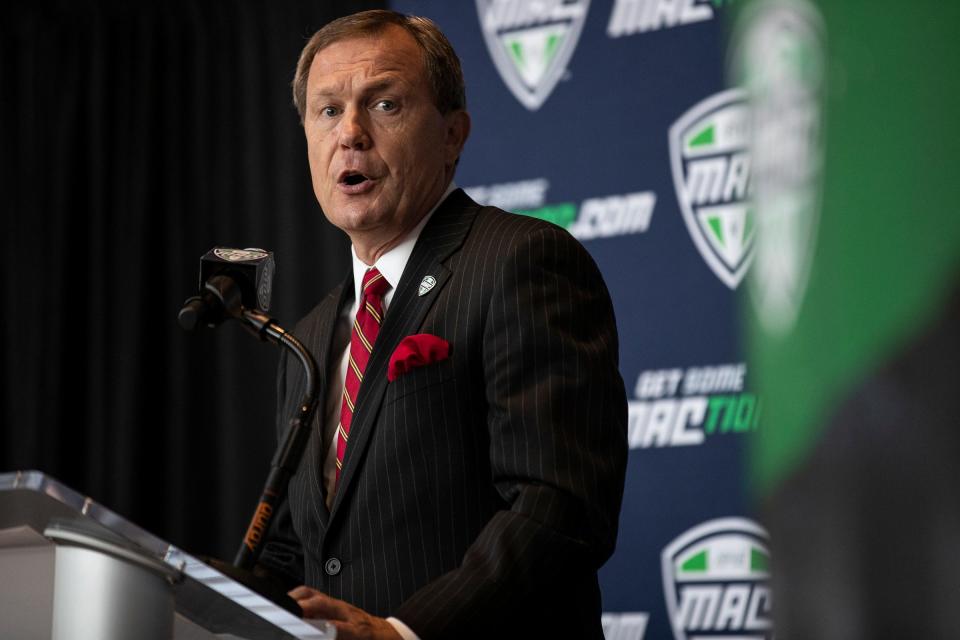 MAC commissioner Jon A. Steinbrecher speaks during the MAC football media day at Ford Field on Tuesday, July 20, 2021.