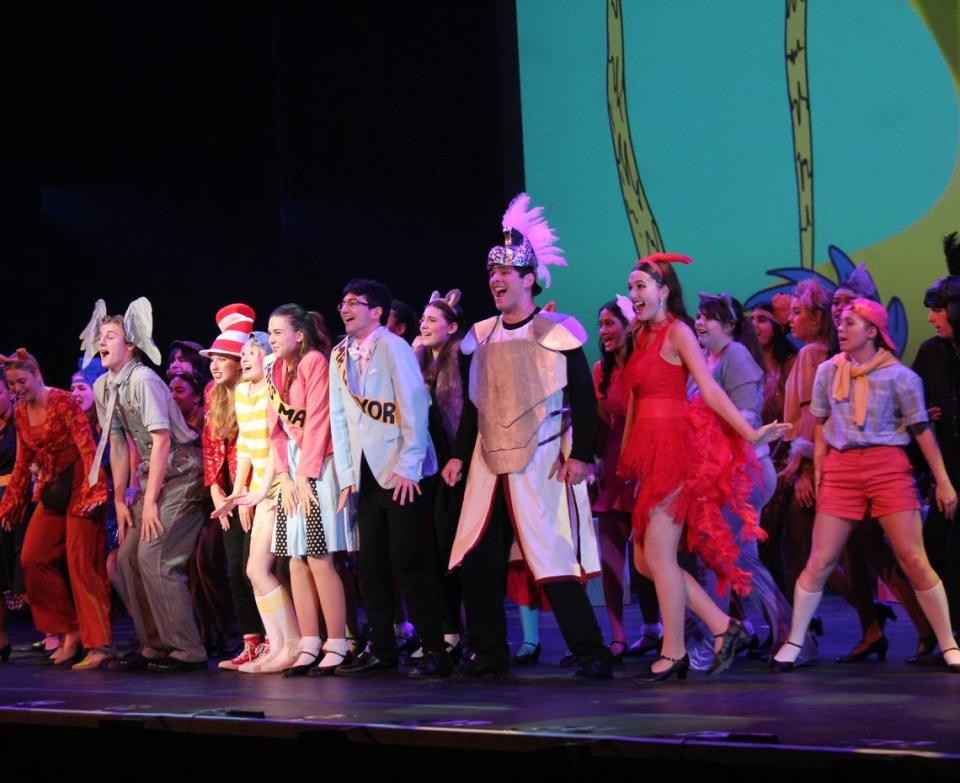 Josh Moraja, center, in feathered helmet as General Genghis Kahn Schmitz, along with castmates in Weddingotn HIgh’s “Seussical” at the Blumey Awards in May. Moraja was named Best Supporting Actor. Daniel Coston/Blumenthal Performing Arts