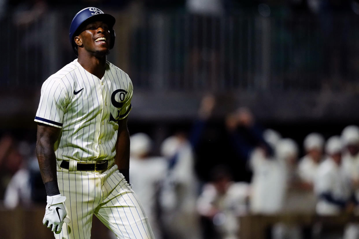 DYERSVILLE, IL - AUGUST 12:  Tim Anderson #7 of the Chicago White Sox reacts to hitting a walk off two-run home run to beat the New York Yankees at the MLB Field at Field of Dreams on Thursday, August 12, 2021 in Dyersville, Iowa. (Photo by Daniel Shirey/MLB Photos via Getty Images)
