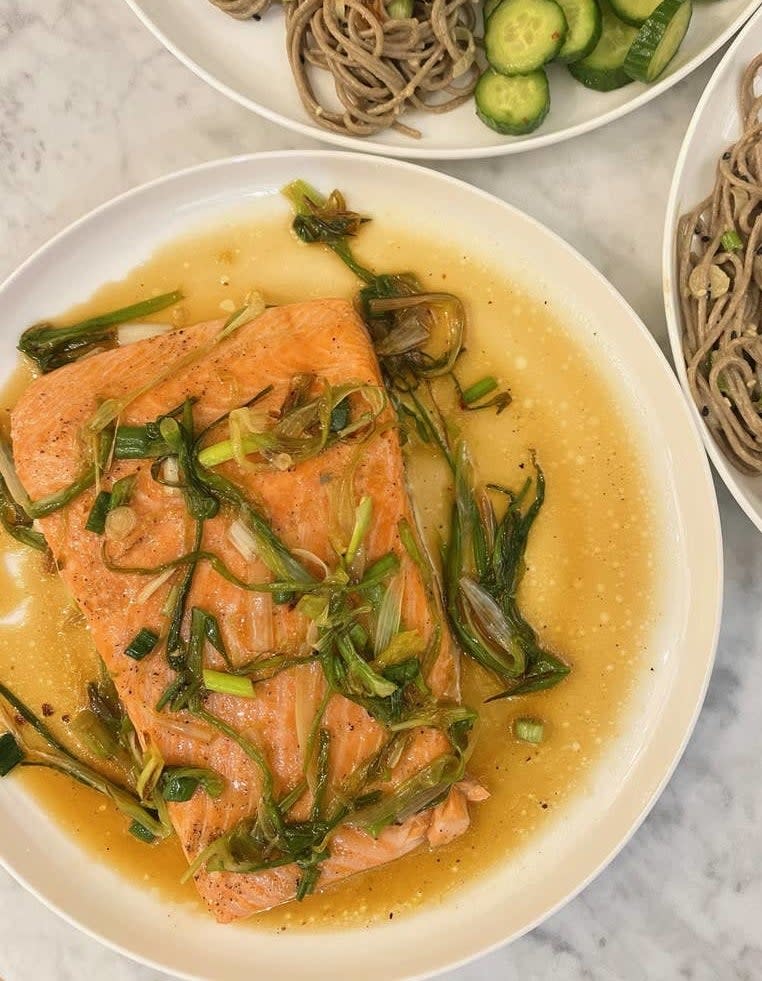 Salmon in a soy sauce with scallions