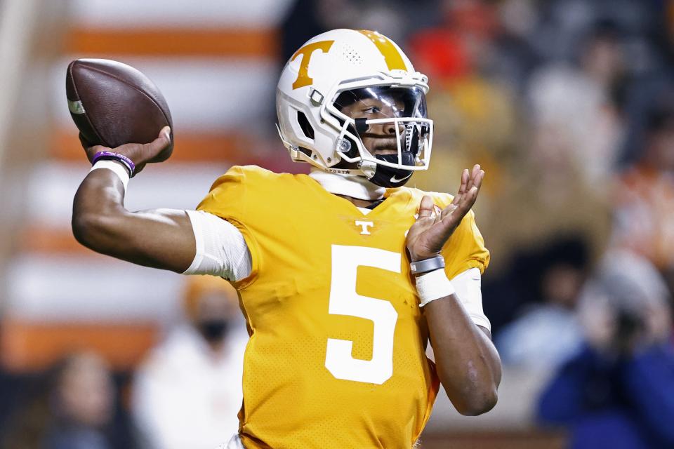 The Detroit Lions traded up in the third round to take Tennessee QB Hendon Hooker, who became the fifth quarterback off the board in this draft. (AP Photo/Wade Payne)
