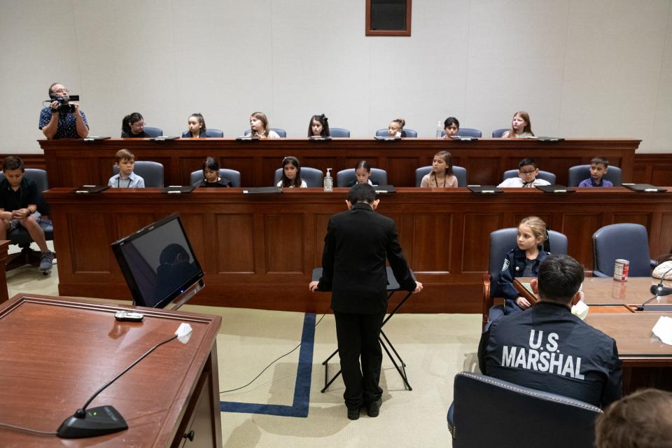 Flour Bluff student Erfan Mazloum presents closing arguments for the prosecution during the mock trial of The Big Bad Wolf at the Federal Courthouse on Thursday, Nov. 16, 2023, in Corpus Christi, Texas.