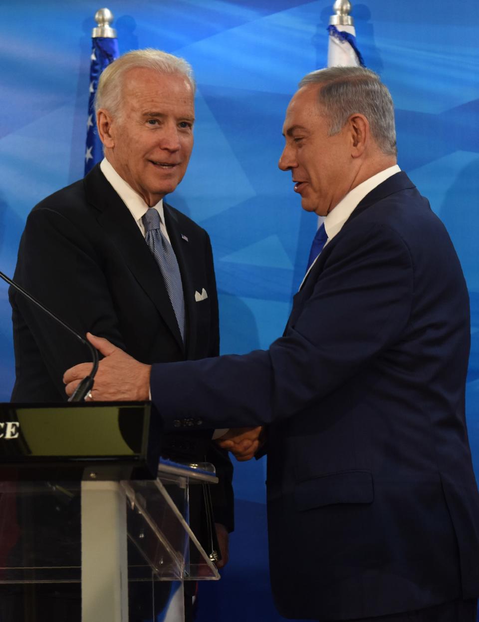 US Vice President Joe Biden and Israeli Prime Minister Benjamin Netanyahu shake hands after giving joint statements in the prime minister's office in Jerusalem on March 9, 2016. Biden implicitly criticised Palestinian leaders for not condemning attacks against Israelis, as an upsurge in violence marred his visit.   / AFP / POOL / DEBBIE HILLDEBBIE HILL/AFP/Getty Images ORIG FILE ID: 549840894