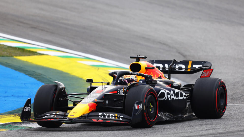 SAO PAULO, BRAZIL - NOVEMBER 13: Max Verstappen of the Netherlands driving the (1) Oracle Red Bull Racing RB18 on track during the F1 Grand Prix of Brazil at Autodromo Jose Carlos Pace on November 13, 2022 in Sao Paulo, Brazil. (Photo by Bryn Lennon - Formula 1/Formula 1 via Getty Images)