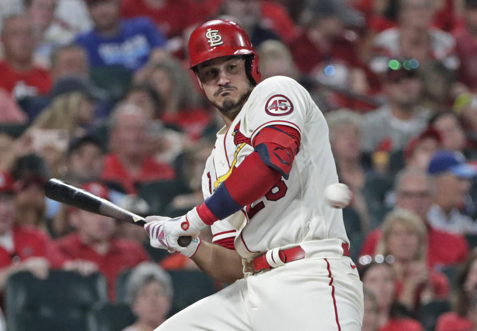 St. Louis Cardinals' Nolan Arenado recoils from an inside pitch from Kansas City Royals' Josh Staumont during the sixth inning of a baseball game Saturday, Aug. 7, 2021, in St. Louis. (AP Photo/Tom Gannam)