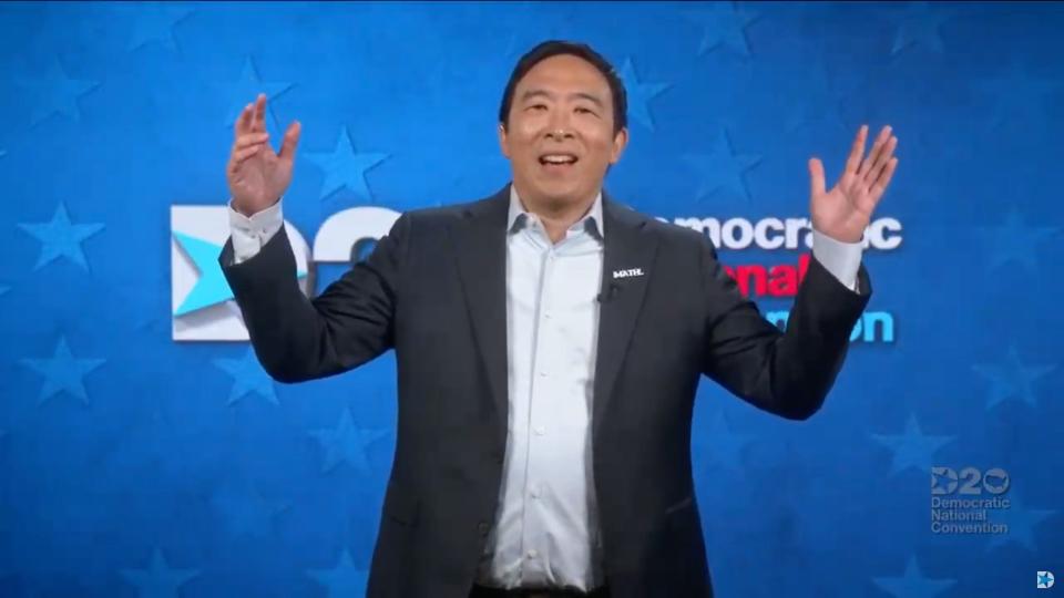 Former candidate for President, Andrew Yang, speaks to viewers during the Democratic National Convention at the Wisconsin Center, Thursday, Aug. 20, 2020.