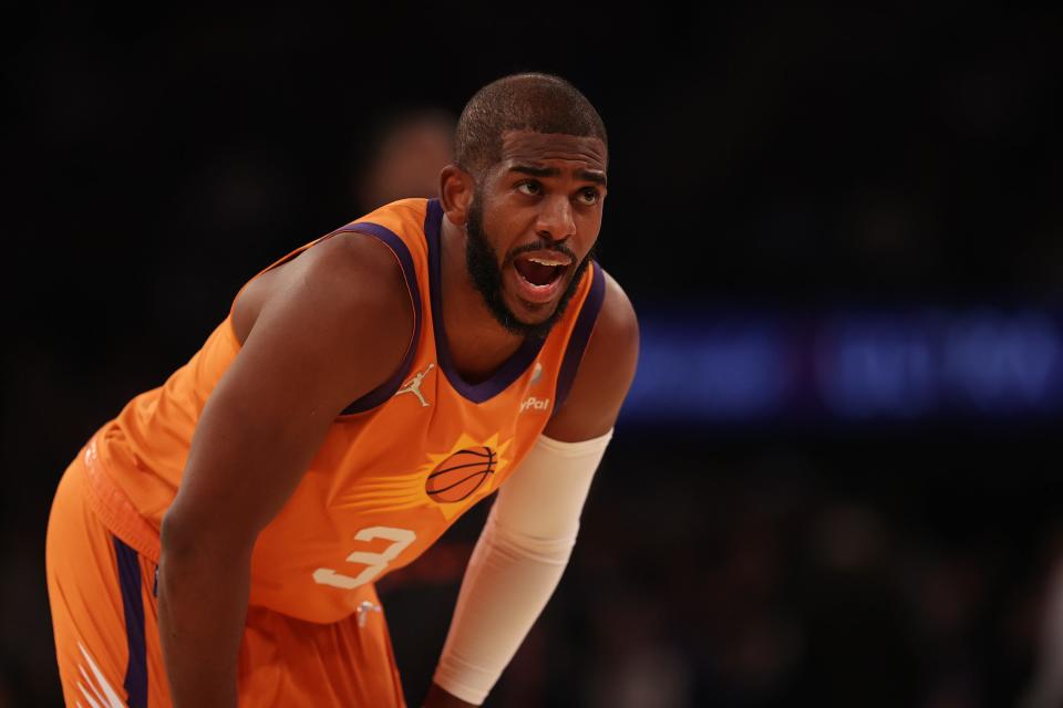 NEW YORK, NEW YORK - NOVEMBER 26: Chris Paul #3 of the Phoenix Suns looks on during the first quarter against the New York Knicks at Madison Square Garden on November 26, 2021 in New York City.