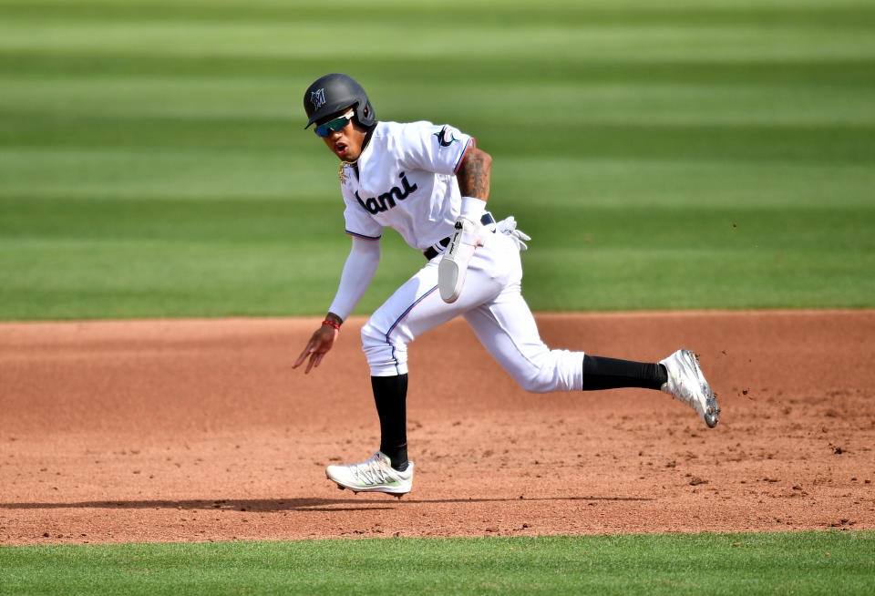 JUPITER, FLORIDA - MARCH 01: Nasim Emmanuel Nunez #83 of the Miami Marlins attempts to steal second base in the fifth inning against the New York Mets in a spring training game at Roger Dean Chevrolet Stadium on March 01, 2021 in Jupiter, Florida. (Photo by Mark Brown/Getty Images)