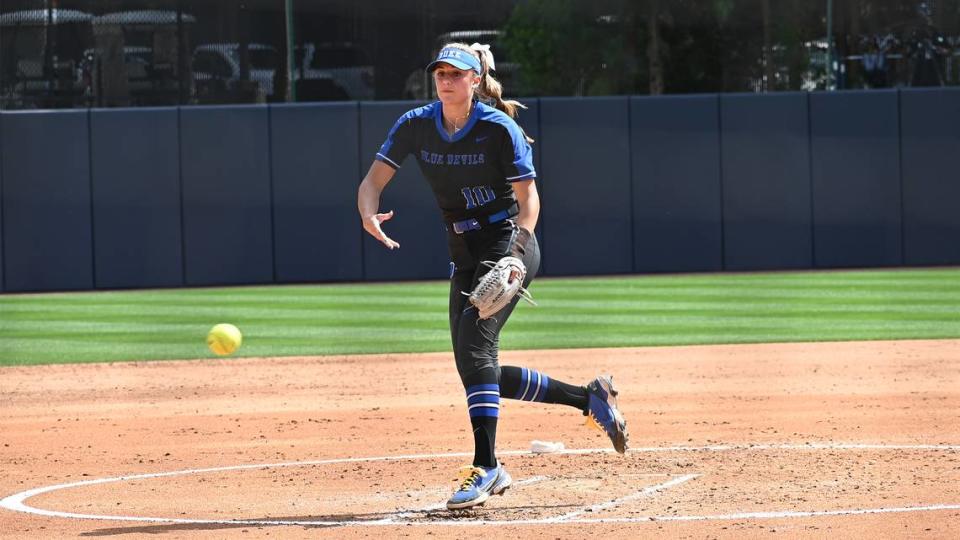 Duke softball pitcher Peyton St. George in action.