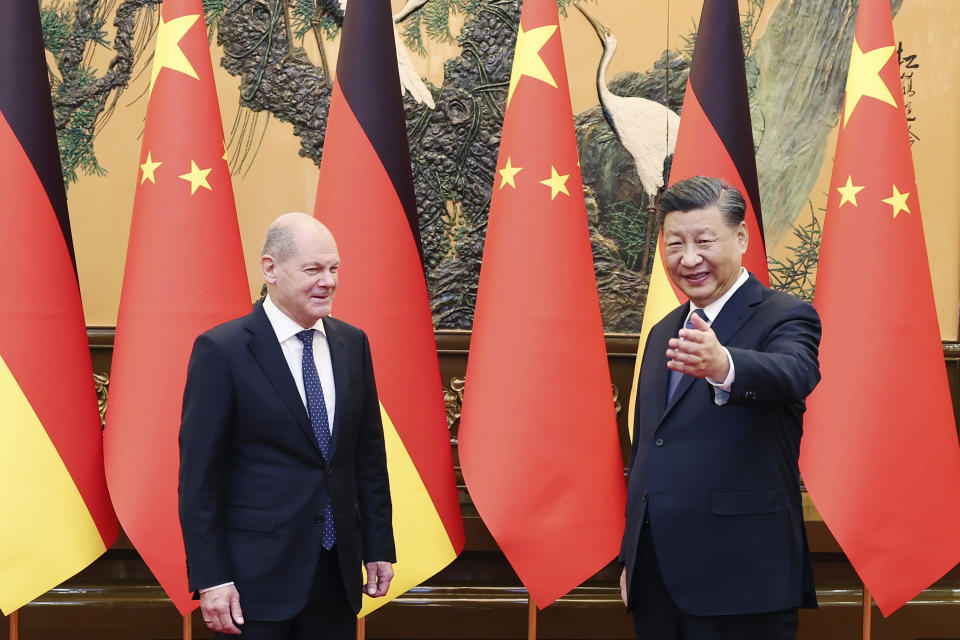 In this photo released by Xinhua News Agency, Chinese President Xi Jinping meets with German Chancellor Olaf Scholz at the Great Hall of the People in Beijing on Friday, Nov. 4, 2022. In a much-scrutinized meeting Friday with visiting German Chancellor Olaf Scholz, Chinese President Xi Jinping called for peace talks between Russia and Ukraine and warned against the conflict going nuclear. (Yao Dawei/Xinhua via AP)