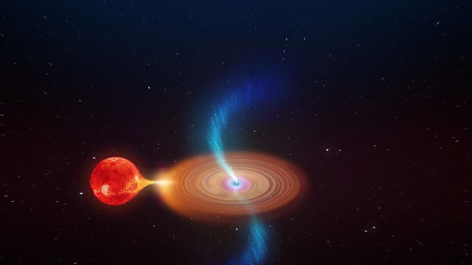 It appears that a star is being pulled into the accretion disk of a black hole, which appears as a reddish sphere being funneled into an orange disk.  In the center there is a bluish opening, from which two blue bursts plunge vertically down.