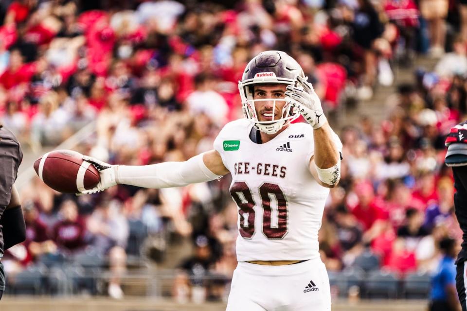 Nicholas Gendron (80) leads the Gee-Gees in receptions, receiving yards and receiving touchdowns this season.