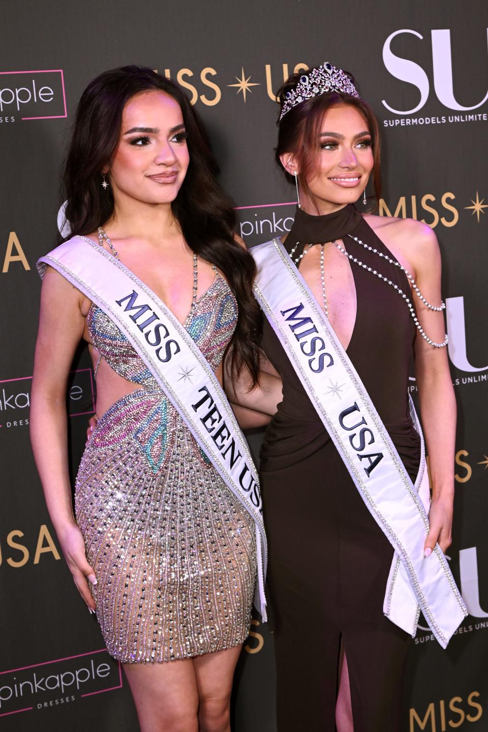Miss Teen USA 2023, UmaSofia Srivastava (left) and Miss USA 2023, Noelia Voigt, at an event in February. Both have since resigned,; they are bound by nondisclosure agreements, but their mothers described abusive behavior by pageant officials.