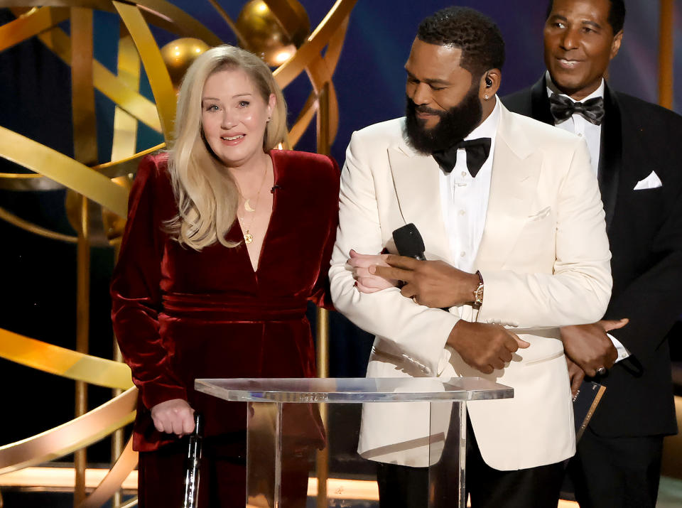 LOS ANGELES, CALIFORNIA - JANUARY 15: (L-R) Christina Applegate and host Anthony Anderson speak onstage during the 75th Primetime Emmy Awards at Peacock Theater on January 15, 2024 in Los Angeles, California. (Photo by Kevin Winter/Getty Images)