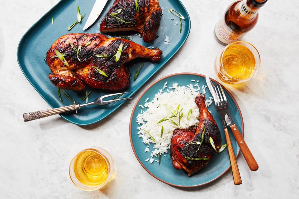 Combine ginger, garlic, fermented chili-bean paste, and soy sauce to make a flavorful marinade for grilled half chickens—this recipe is one of our favorites from our <a href="https://www.epicurious.com/expert-advice/19-japanese-grilling-and-yakitori-recipes?mbid=synd_yahoo_rss" rel="nofollow noopener" target="_blank" data-ylk="slk:Japanese grilling collection;elm:context_link;itc:0" class="link ">Japanese grilling collection</a>. <a href="https://www.epicurious.com/recipes/food/views/ginger-garlic-half-chicken?mbid=synd_yahoo_rss" rel="nofollow noopener" target="_blank" data-ylk="slk:See recipe.;elm:context_link;itc:0" class="link ">See recipe.</a>
